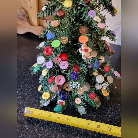 VTG christmas table top tree with button ornaments hand decorated burlap base - Picture 9 of 9